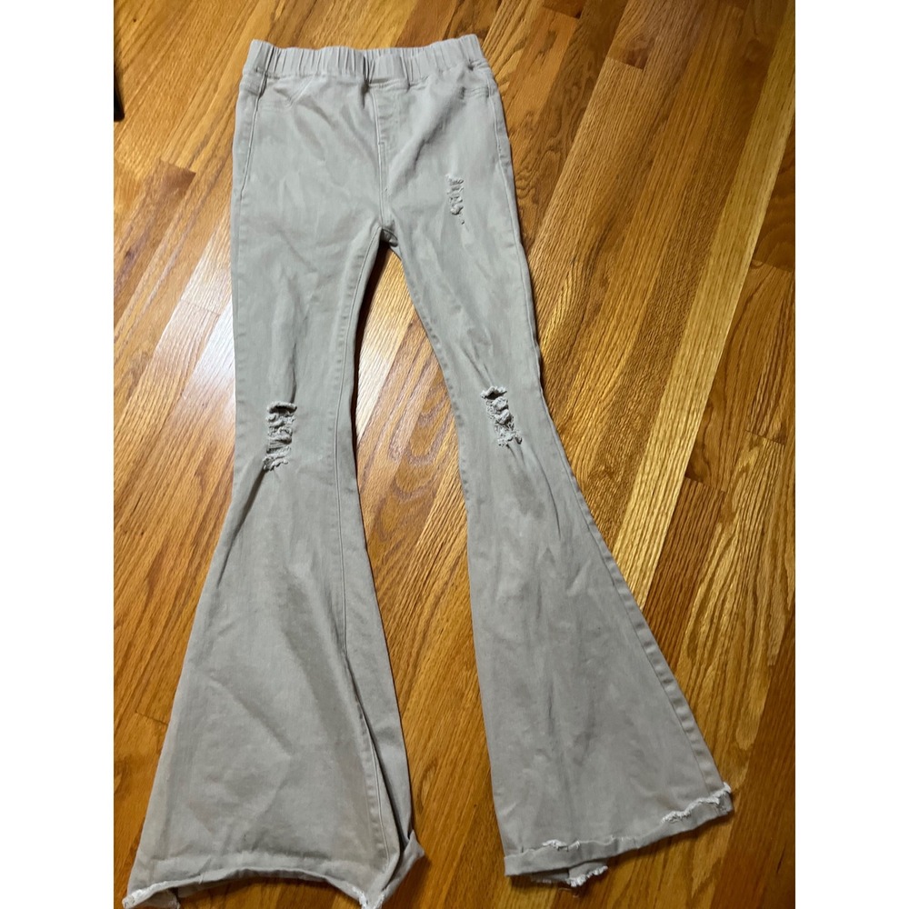 Anthropologie Aaron & Amber Ripped super flare pull on jeans khaki S